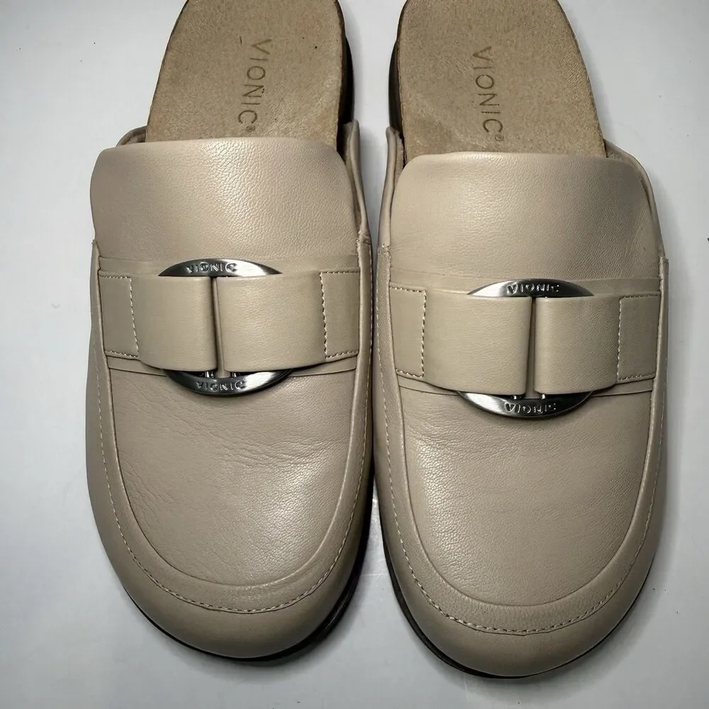 Vionic Jordan Mule Clogs Womens 8 Beige Leather Slip On Comfort Loafers EUC